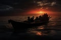 Refugees in a boat at night. Generative AI