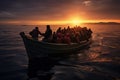 Refugees in a boat at night. Generative AI