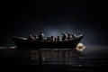 Refugees in a boat at night. Generative AI