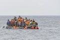 Refugees in boat at sea Lesvos Greece