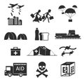 Refugees evacuee concept. War victims black icons