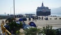 Refugees in the harbor Royalty Free Stock Photo