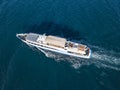 Refugees imigrants in the ferry boat ship v aerial view in the sea concept