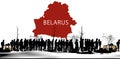 Refugees and immigrants. Column of migrants. Silhouette. Belarus map