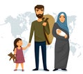 Refugees infographic. Social assistance for refugees. Arab Family. Design template. Refugees immigration concept.