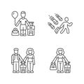 Refugees linear icons set. Couple, kid travel abroad with suitcase. Tourist, traveler. Family trip. Immigrant child