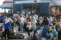 Refugees and migrants disembark to the port of Thessaloniki after being transfered from the refugee camp of Moria, Lesvos island Royalty Free Stock Photo