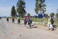 Refugees passing in front of the EU entrance sign in front of the Serbia-Croatia border crossing of Sid Tovarnik on Balkans Route