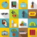 Refugees problem icons set, flat style