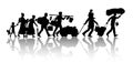 Refugees silhouette immigrant baggage walking