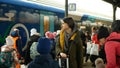 BOHUMIN, CZECH REPUBLIC, MARCH 17, 2022: Refugees Ukraine children family arriving boarding people board train Bohumin