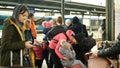 BOHUMIN, CZECH REPUBLIC, MARCH 17, 2022: Refugees Ukraine children family people arriving train Bohumin central station