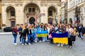 Refugees from Ukraine with flag at the rally. August 24, 2022 Prague Czech Republic