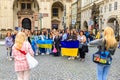 Refugees from Ukraine with flag at the rally. August 24, 2022 Prague Czech Republic