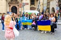 Refugees from Ukraine with flag at the rally. August 24, 2022 Prague Czech Republic