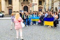 Refugees from Ukraine with flag at the rally. August 24, 2022 Prague Czech Republic