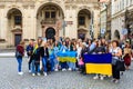 Refugees from Ukraine with flag at the rally. August 24, 2022 Prague Czech Republic