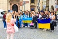 Refugees from Ukraine with flag at the rally. August 24, 2022 Prague Czech Republic