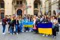 Refugees from Ukraine with flag at the rally. August 24, 2022 Prague Czech Republic