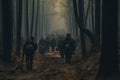 Refugees walking with bags and suitcases in forest. Generative AI