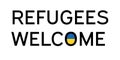 Refugees welcome. Lettering text with Ukrainian flag for greeting people who fled Ukraine during war 2022. Printable