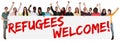 Refugees welcome sign group of young multi ethnic people