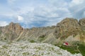 Refugio, hut, hutte restaurant and hotel in the Alps, Dolomites in Italy Royalty Free Stock Photo