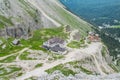 Refugio, hut, hutte restaurant and hotel in the Alps, Dolomites in Italy Royalty Free Stock Photo