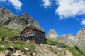 Refugio, hut, hutte restaurant and hotel in the Alps, Dolomites in Italy Royalty Free Stock Photo