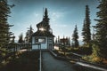 Refurbished fire tower lookout on the summit of Mount Revelstoke with sunstar. British Columbia Canada.