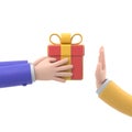 Refusal of gift. No corruption concept. Rejecting proposal. Man holding in hand gift box with ribbon.