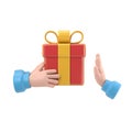 Refusal of gift. No corruption concept. Rejecting proposal. Man holding in hand gift box with ribbon.