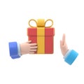 Refusal of gift. No corruption concept. Rejecting proposal. Man holding in hand gift box with ribbon. Gesture rejects the proposal