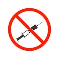 Refusal of vaccination, drugs, narcotic concept with stop sign icon plastic medical syringe in flat style, concept of stopping