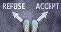 Refuse and accept as different choices in life - pictured as words Refuse, accept on a road to symbolize making decision and