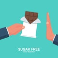 Refuse chocolate. Sugar free. Human gesture hand refuses to sweet
