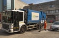 Refuse truck leaving site in Plymouth City Centre, UK