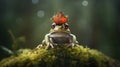 Regal Amphibian: Vivid Frog Donning an Ancient King\'s Crown Amidst Nature\'s Embrace