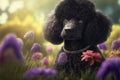 Regal black toy poodle in garden setting