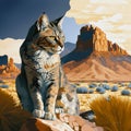 Regal cat in desert plain with butte