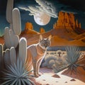 Regal cat in desert under moon by butte and cactus