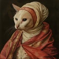 Regal Cat in Elegant Renaissance Garb Painting, A whimsical art piece featuring a cat adorned with a renaissance turban