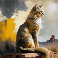 Regal furry cat looks out in the desert
