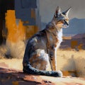 A regal cat sits in desert looking outward at dusk