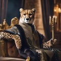 A regal cheetah wearing a royal robe and a scepter, sitting on a throne4