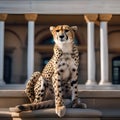 A regal cheetah wearing a royal robe and a scepter, sitting on a throne5