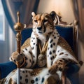 A regal cheetah wearing a royal robe and a scepter, sitting on a throne3