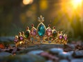 Regal crown bathed in golden sunlight amidst autumn leaves