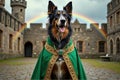Regal dog in green cloak with rainbow and castle backdrop Royalty Free Stock Photo