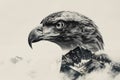 A regal eagle superimposed with the rugged peaks of a mountain range in a double exposure